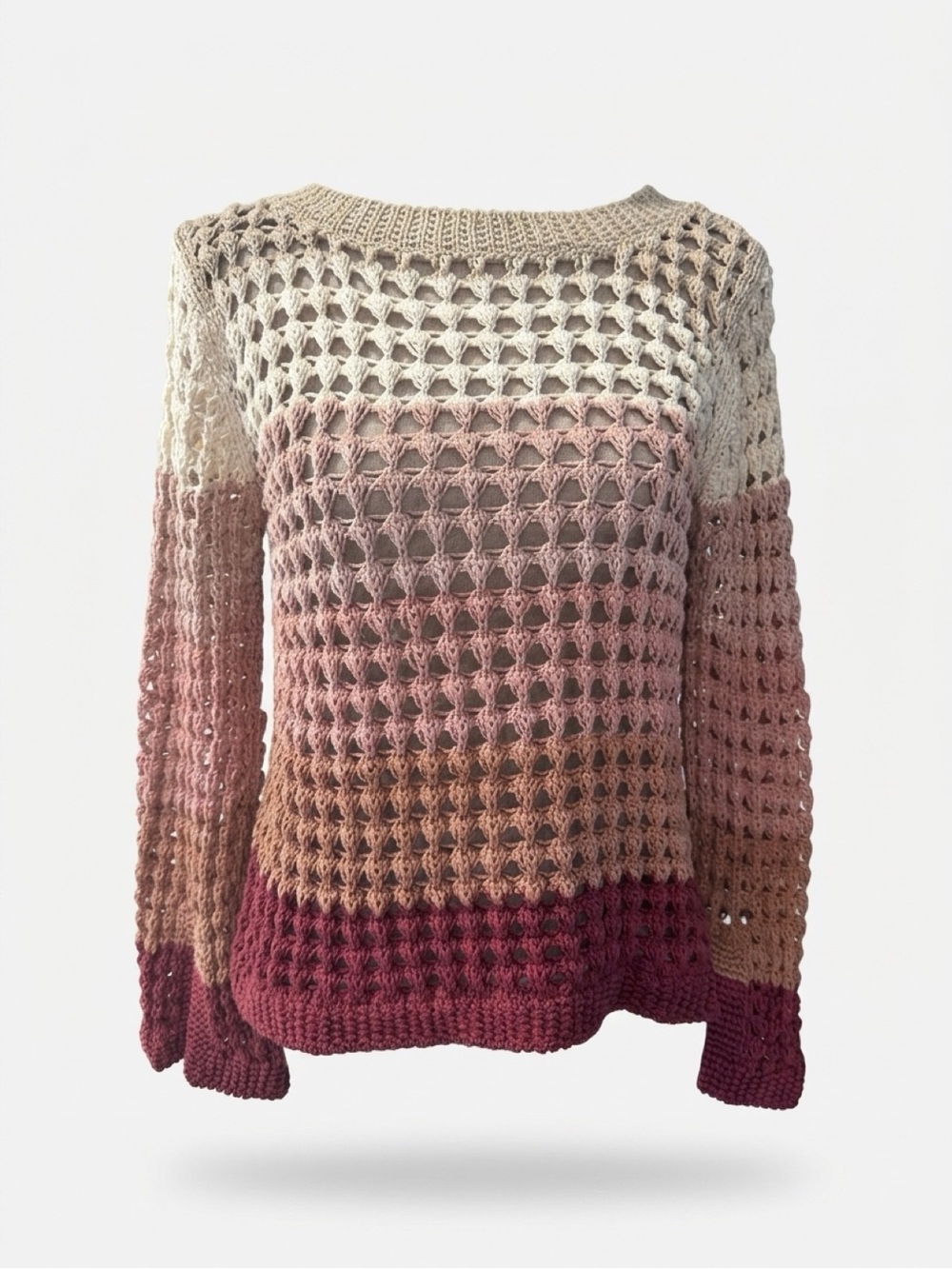 See By Chloe Open-Knit Ombre Crew Sweater in Cream, Pink & Burgundy